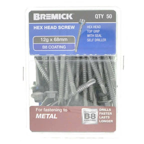 Pack of Bremick hex head screws with specifications on a white background