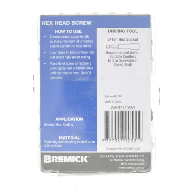 Bremick hex head screw packaging with blue and white design on a white background