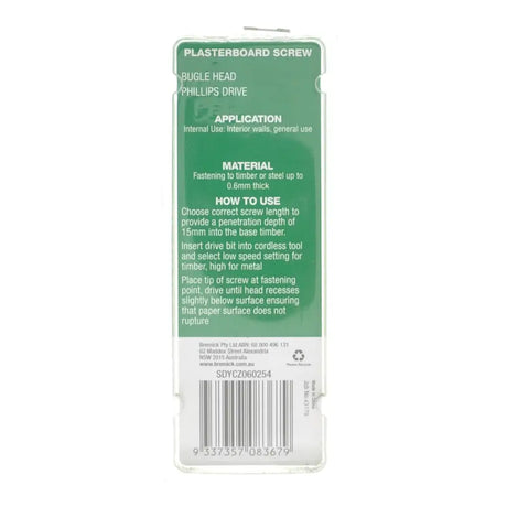 Plasterboard screw packaging with green label on a white background