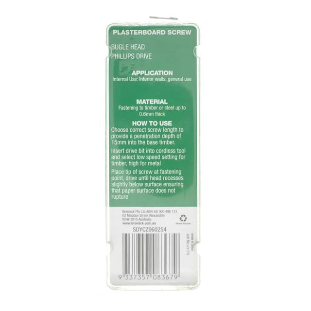 Plasterboard screw packaging with green label on a white background