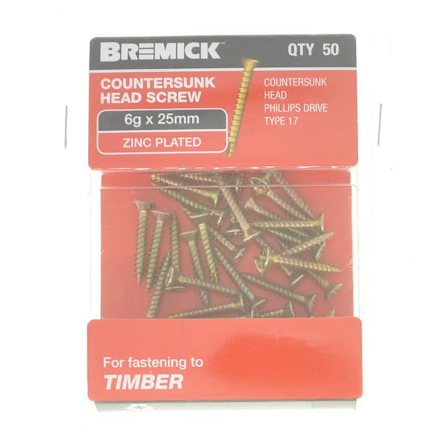 Pack of Bremick countersunk head screws with packaging details on a white background
