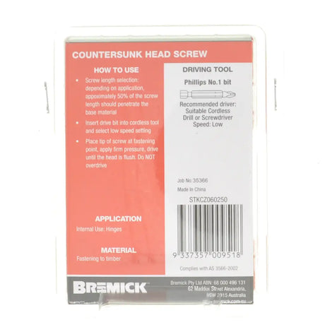 Bremick countersunk head screw packaging with instructions and branding.