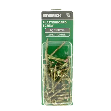 Pack of Bremick plasterboard screws with packaging on a white background