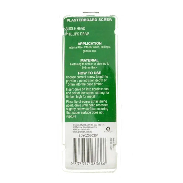 Plasterboard screw packaging with green label on a white background