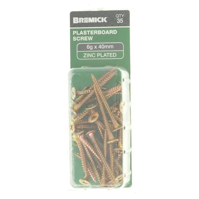 Pack of Bremick plasterboard screws with packaging on a white background