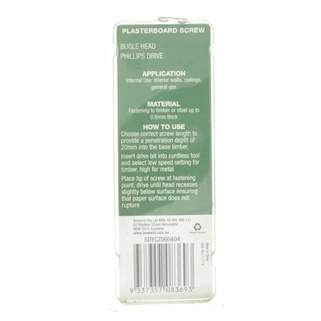 Green packaging of a plasterboard screw with text on a white background
