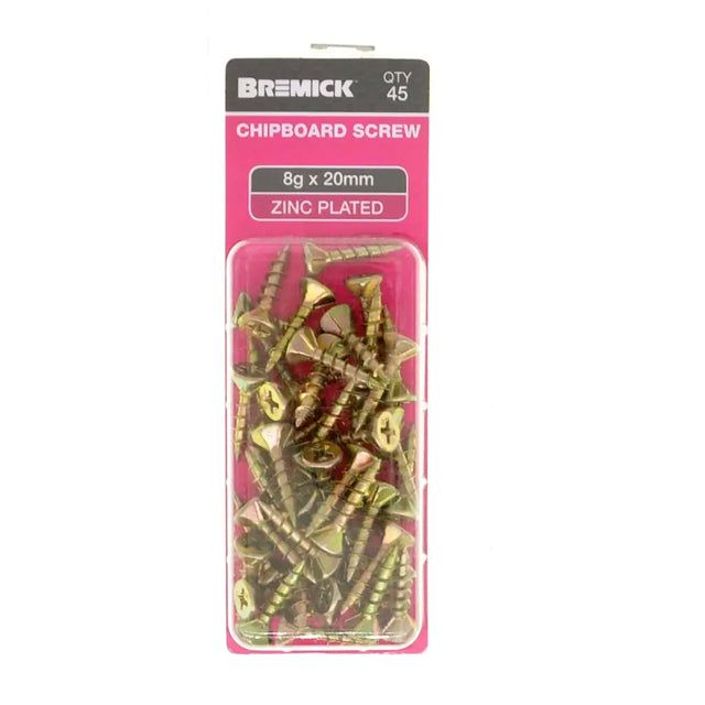 Pack of Bremick chipboard screws with pink packaging on a white background