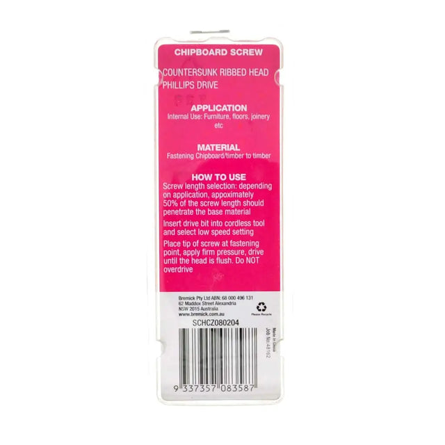 Packaging of a chipboard screw with pink label on a white background
