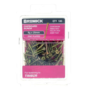 Pack of Bremick chipboard screws with pink and white packaging