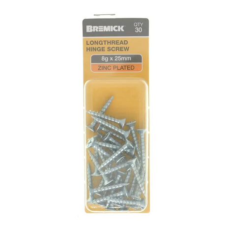 Pack of Bremick longthread hinge screws on a white background