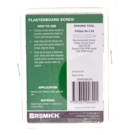 Bremick plasterboard screw packaging with green and white design