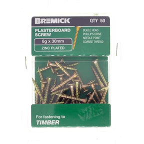 Pack of Bremick plasterboard screws with green packaging on a white background