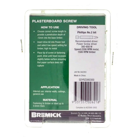 Bremick plasterboard screw packaging with instructions and branding.