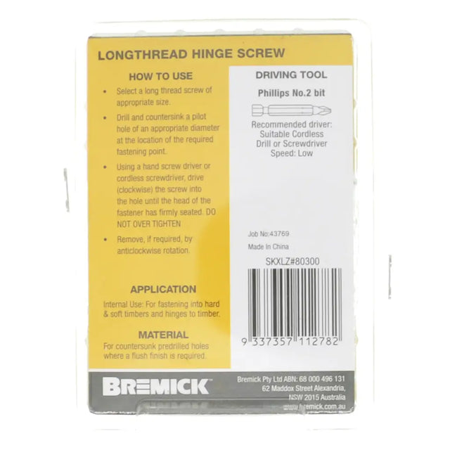Bremick longthread hinge screw packaging with instructions and branding.