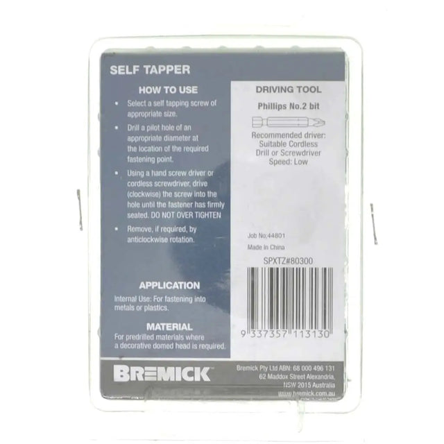Bremick self-tapper packaging with instructions and branding on a white background