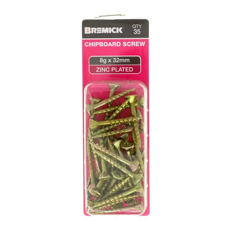 Pack of Bremick chipboard screws with pink packaging on a white background