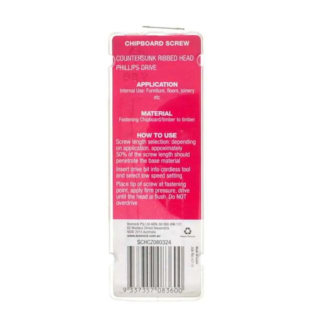 Cardboard screw packaging with pink label on a white background