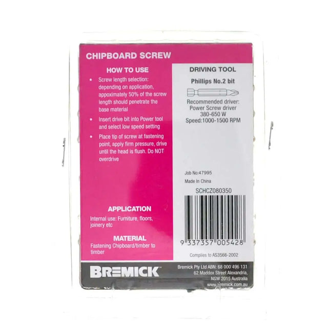 Bremick chipboard screw packaging with pink and white label on a white background