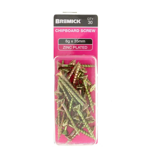 Pack of Bremick chipboard screws with pink packaging on a white background