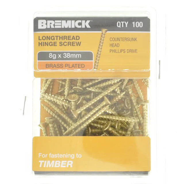 Pack of Bremick longthread hinge screws with visible screws inside the packaging.