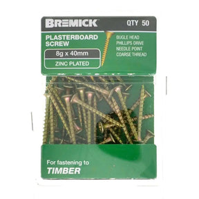 Pack of Bremick plasterboard screws with green packaging on a white background