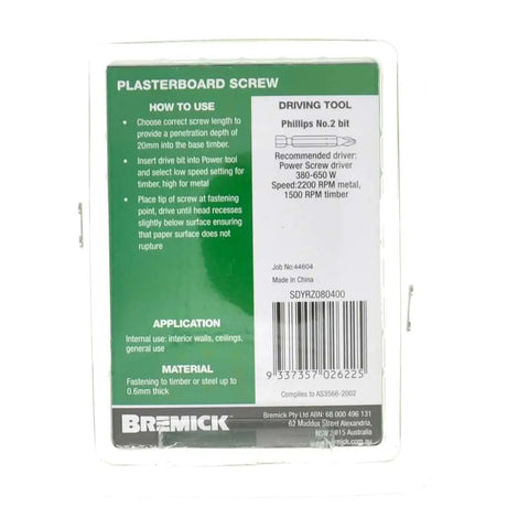 Plasterboard screw packaging with green and white design on a white background