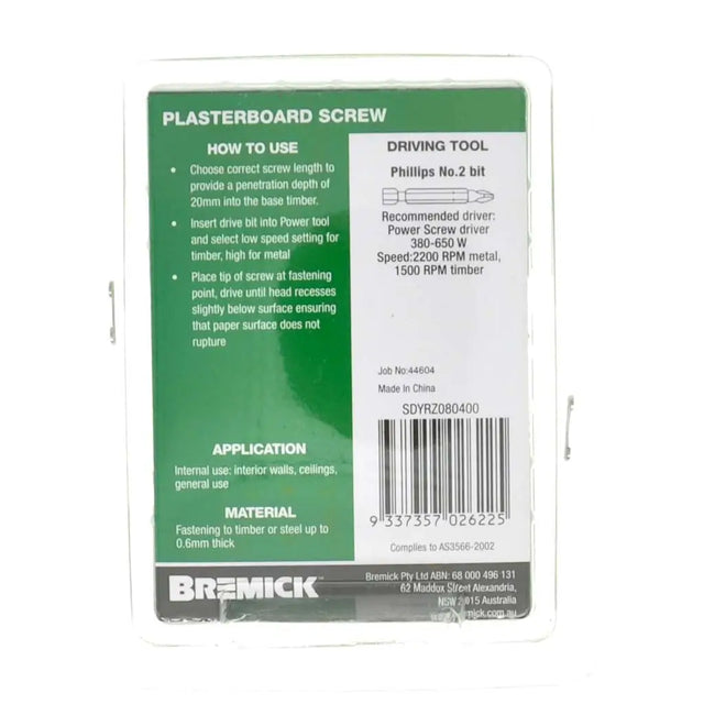 Plasterboard screw packaging with green and white design on a white background