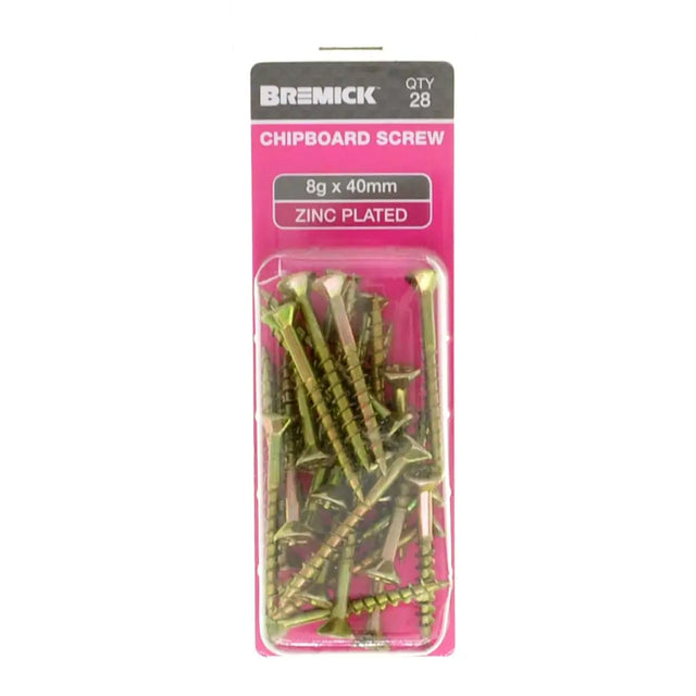 Pack of Bremick chipboard screws with pink packaging on a white background
