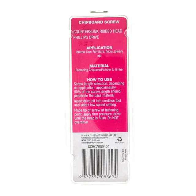 Cardboard packaging with pink label for chipboard screws on a white background