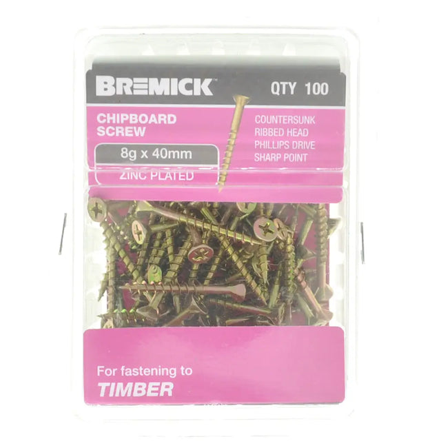 Pack of Bremick chipboard screws with pink and gray packaging.