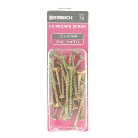 Pack of Bremick chipboard screws with pink packaging on a white background