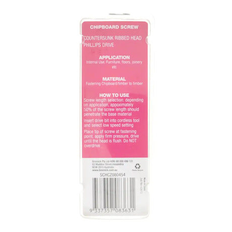 Pink packaging of a chipboard screw with text on a white background