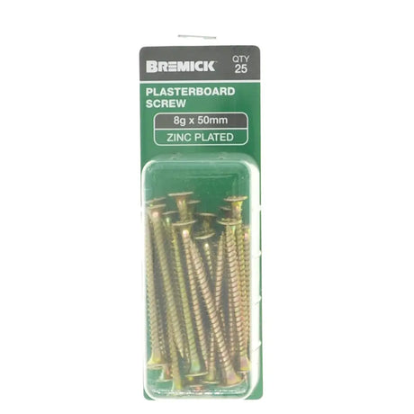 Pack of Bremick plasterboard screws with green packaging on a white background