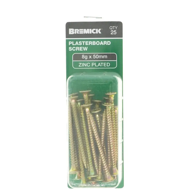 Pack of Bremick plasterboard screws with green packaging on a white background