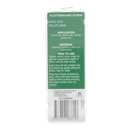 Plasterboard screw packaging with green label on a white background