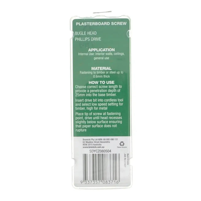 Plasterboard screw packaging with green label on a white background
