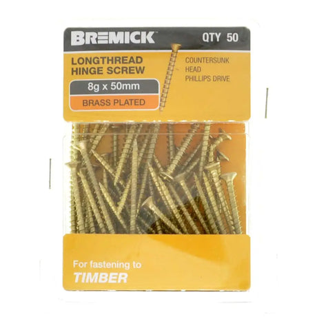 Bremick longthread hinge screw packaging with screws visible on a white background