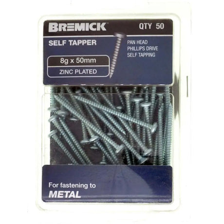 Pack of Bremick self-tapping screws with specifications on a white background