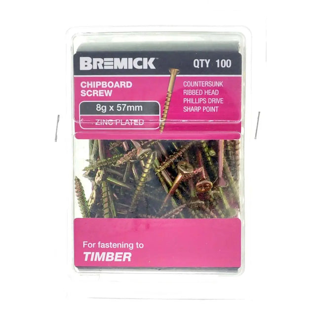 Pack of Bremick chipboard screws with specifications on a white background