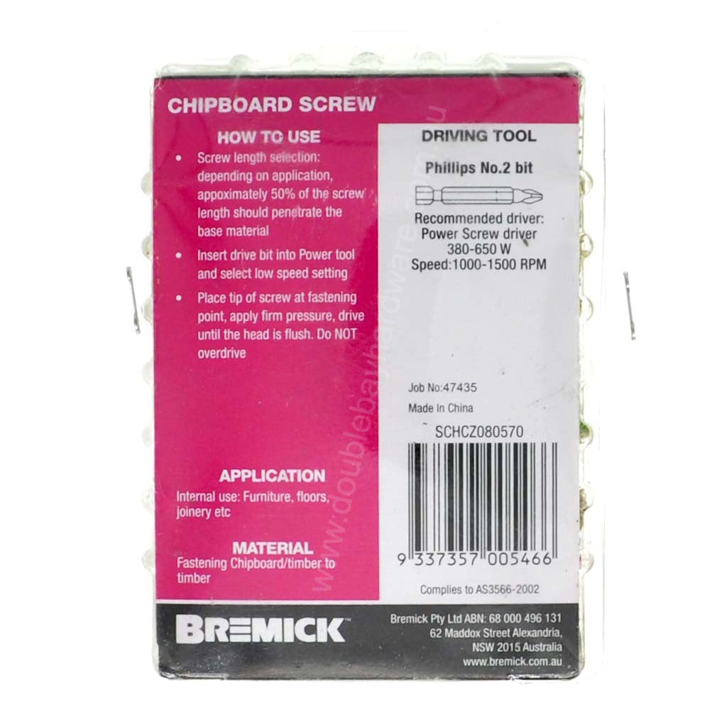 Bremick 8Gx57mm Countersunk Chipboard Screw Phillips Zinc Plated 100Pcs