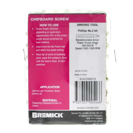 Bremick chipboard screw packaging with pink and white design