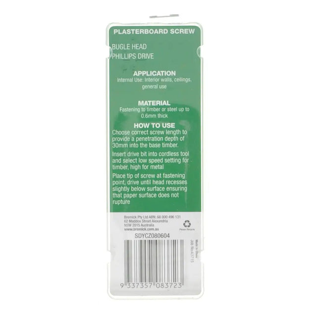 Plasterboard screw packaging with green label on a white background