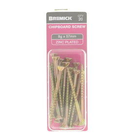 Pack of Bremick chipboard screws with pink packaging on a white background