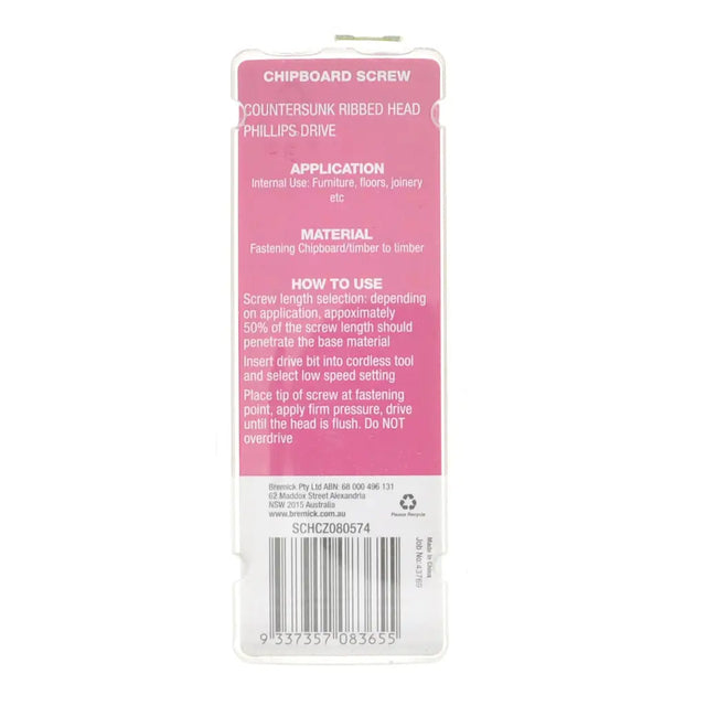Pink packaging of a chipboard screw with text on a white background