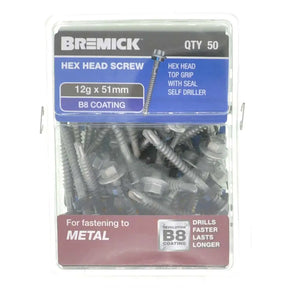 Pack of Bremick hex head screws with specifications on a white background
