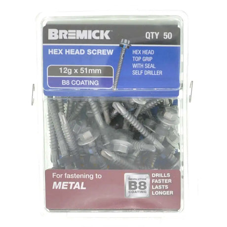 Pack of Bremick hex head screws with specifications on a white background