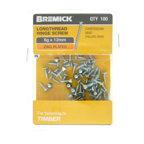 Pack of Bremick longthread hinge screws on a white background