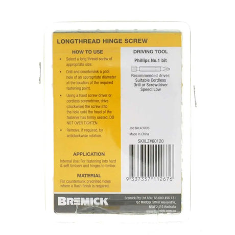Bremick longthread hinge screw packaging with instructions and branding.
