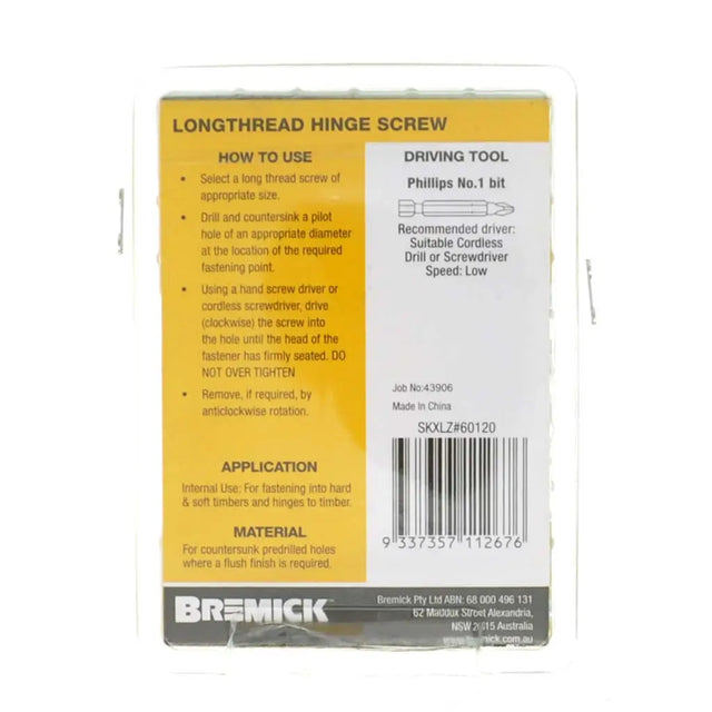 Bremick longthread hinge screw packaging with instructions and branding.