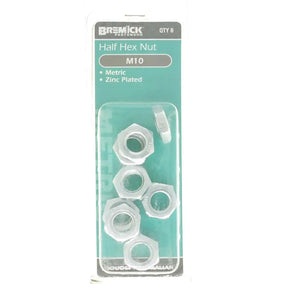 Pack of Bremick half hex nuts with packaging on a white background